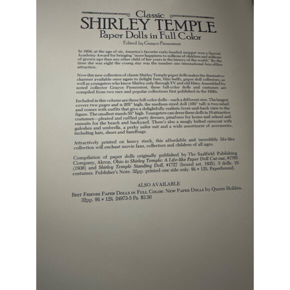 Classic Shirley Temple Paper Dolls Full Color Grayce Pemouchet 1986 Dover uncut - Picture 7 of 7